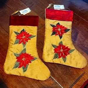Gold and Maroon Poinsettia Holiday Stockings (selling as a pair)